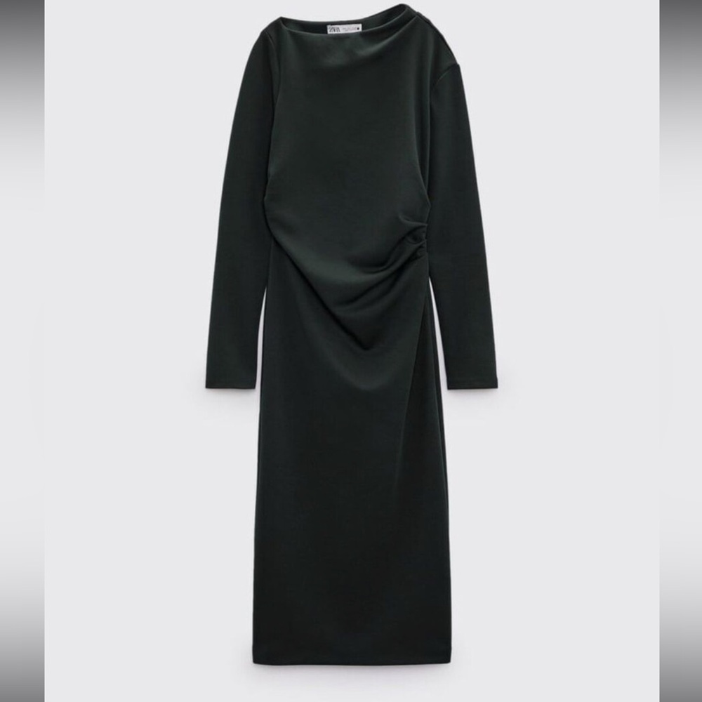 Zara‎ Asymmetric Neckline Midi Long Sleeve Dress